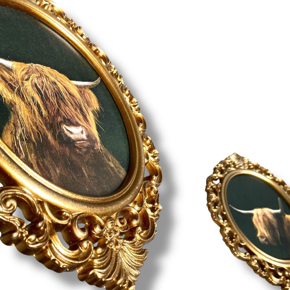 Highland Cow Portrait Wall Decor 2pc Set Painted Look Portraits Gold Frames - Picture 5 of 5